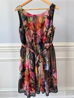 Betsey Johnson Floral Lace Trim Sleeveless Party Fit Flare Flowy Dress Sz 10